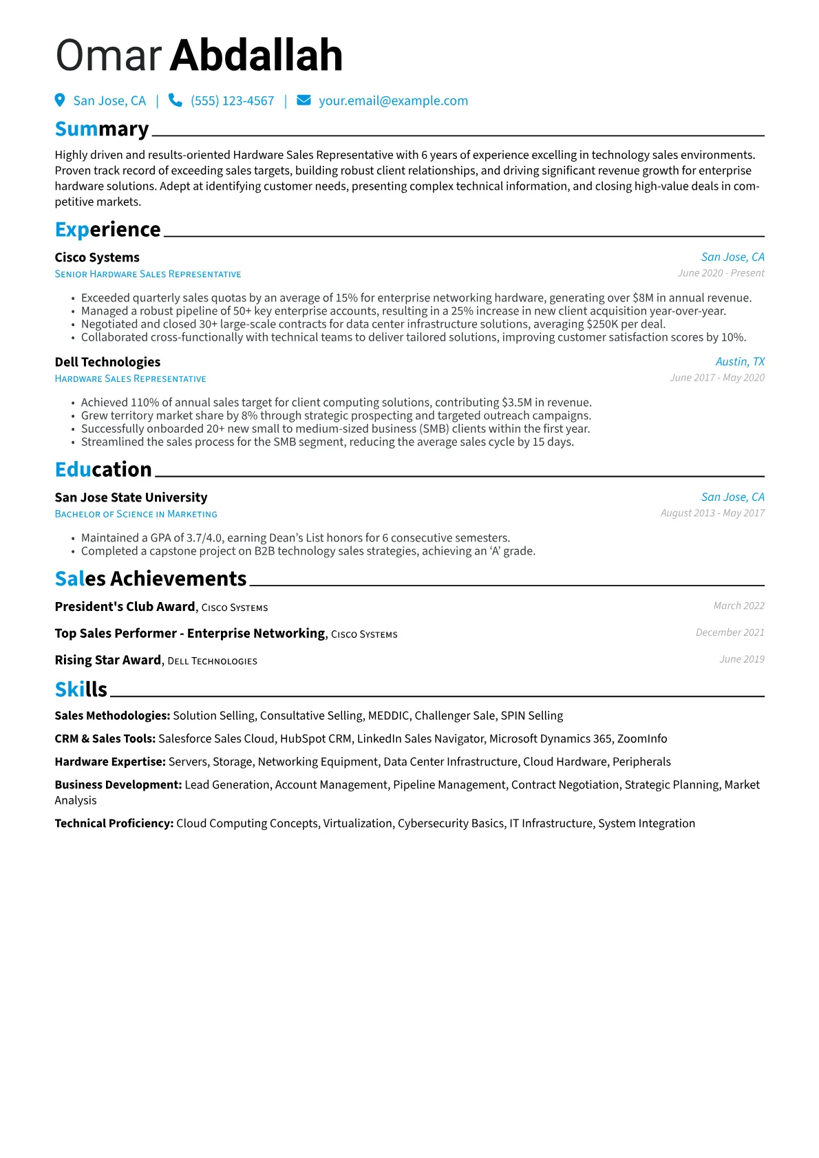 Hardware Sales Representative Resume Example CV template - Page 1