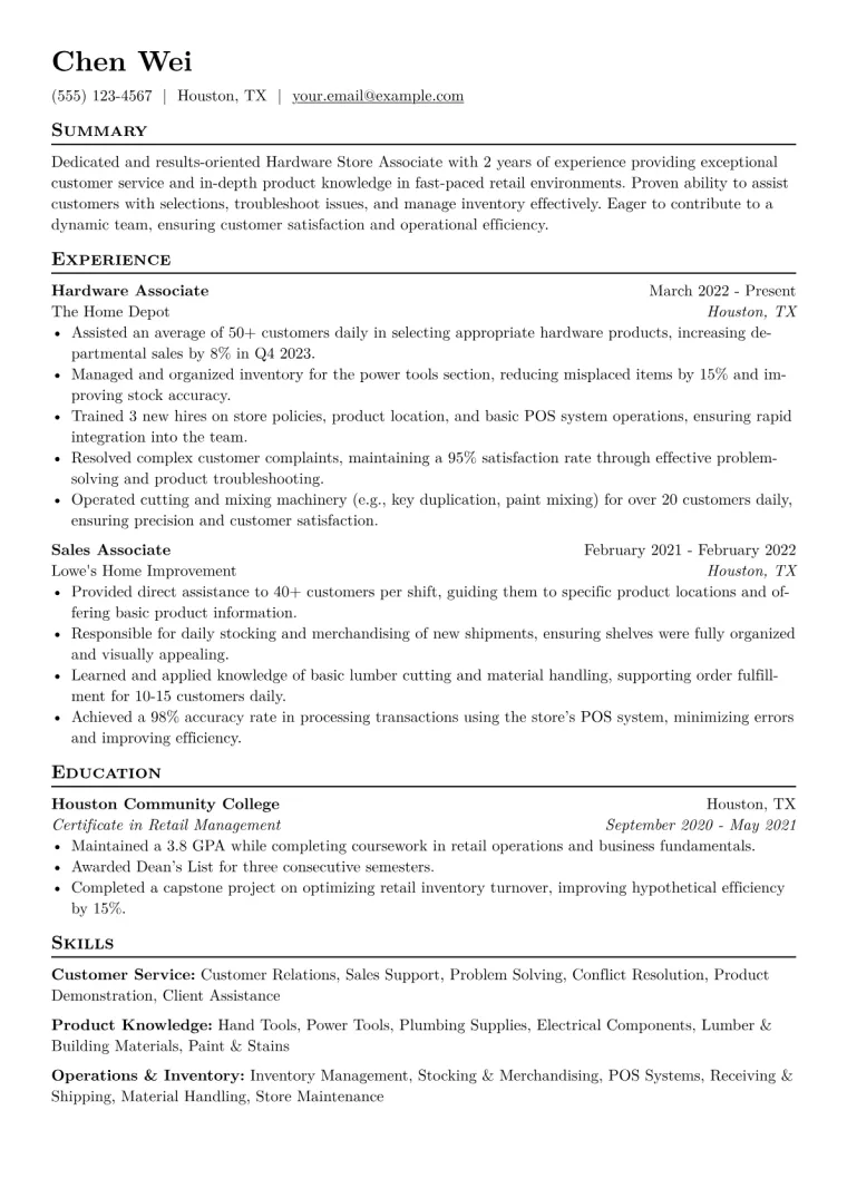 Hardware Store Associate Resume Example CV template preview