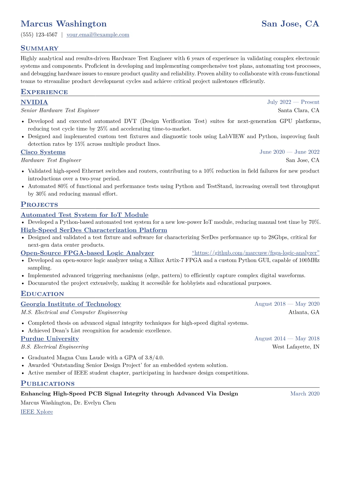 Hardware Test Engineer Resume Example CV template - Page 1