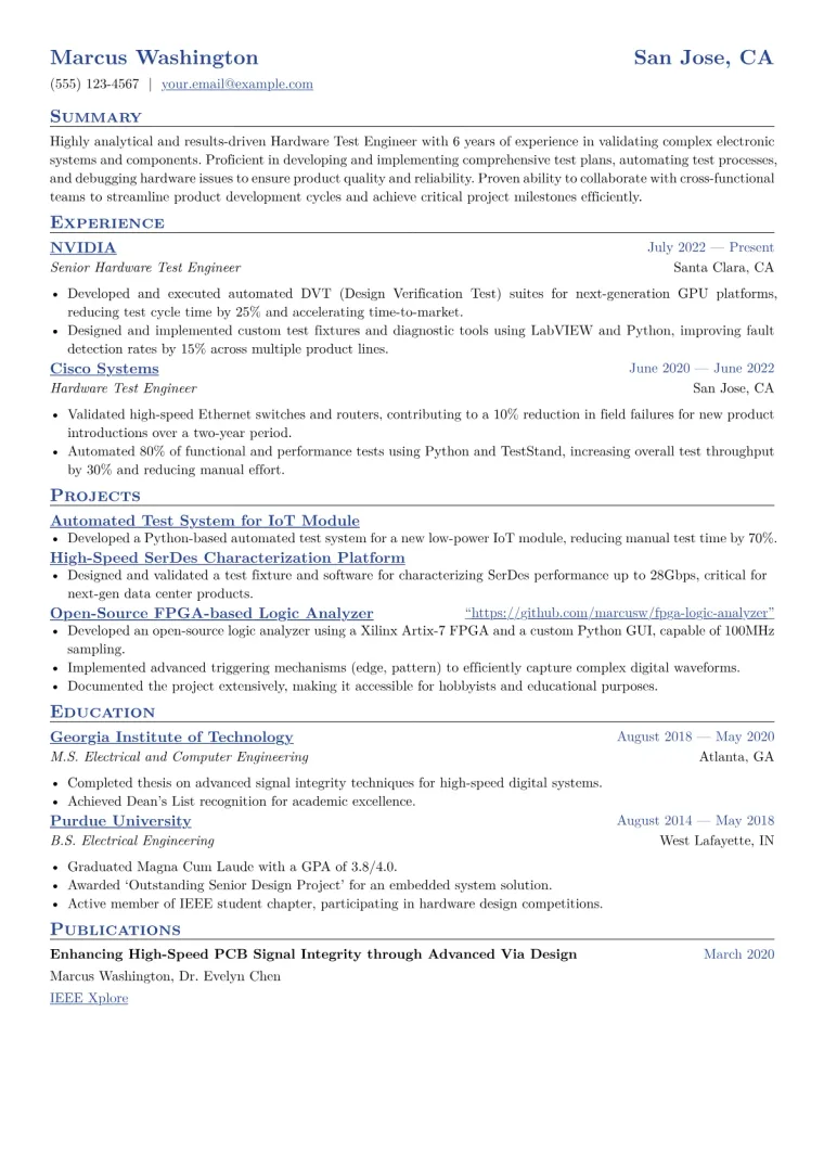 Hardware Test Engineer Resume Example CV template preview