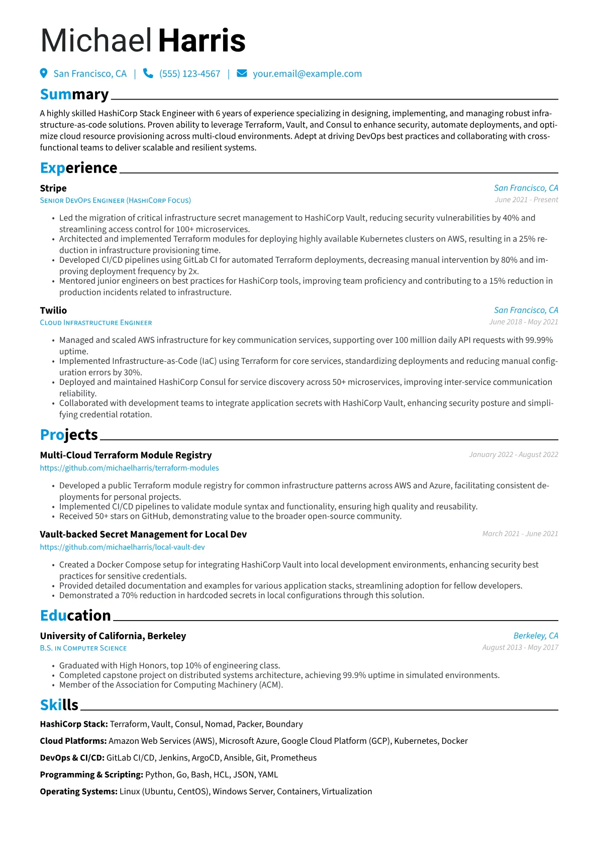 HashiCorp Stack Engineer Resume Example CV template - Page 1