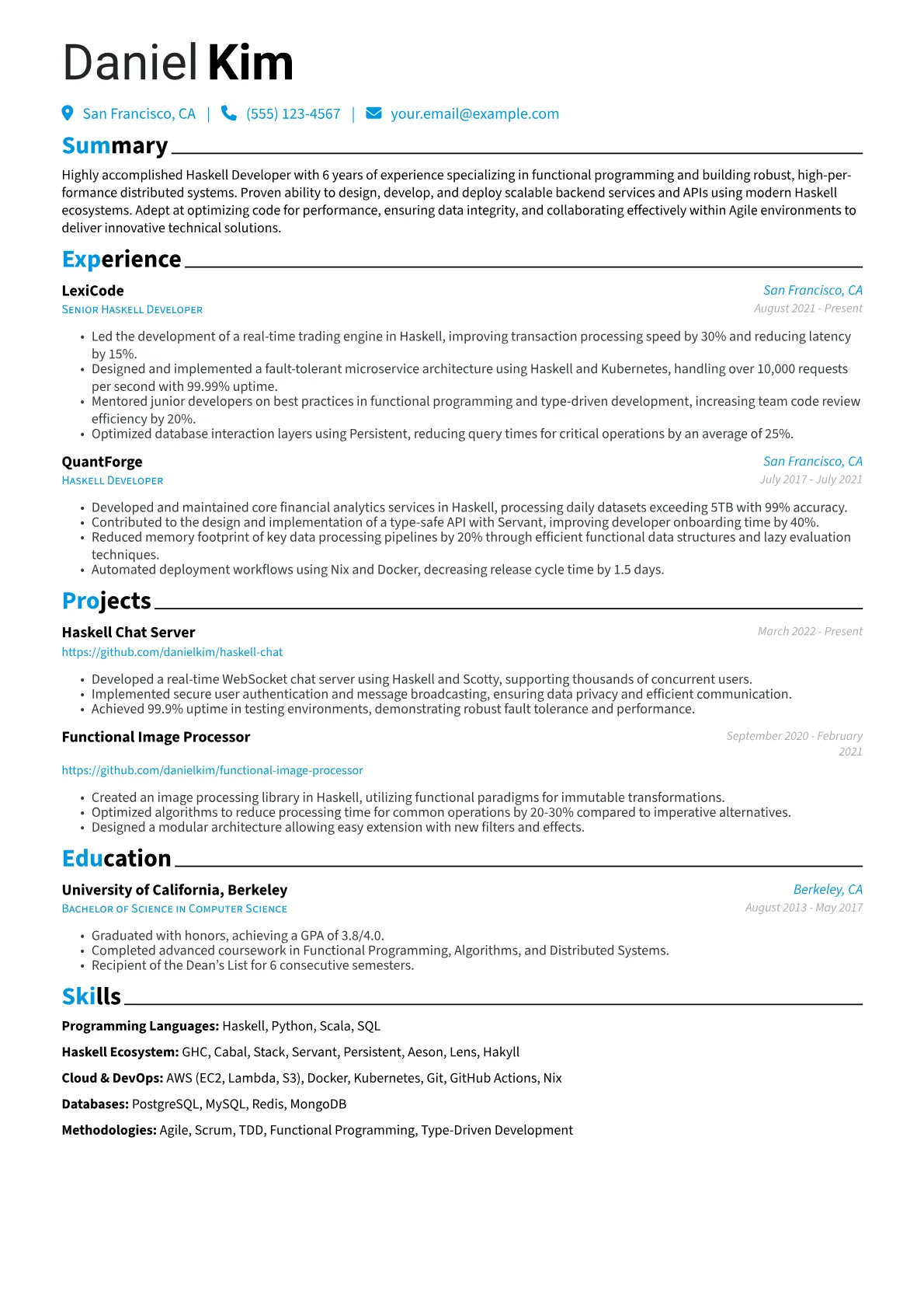 Haskell Developer Resume Example CV template - Page 1