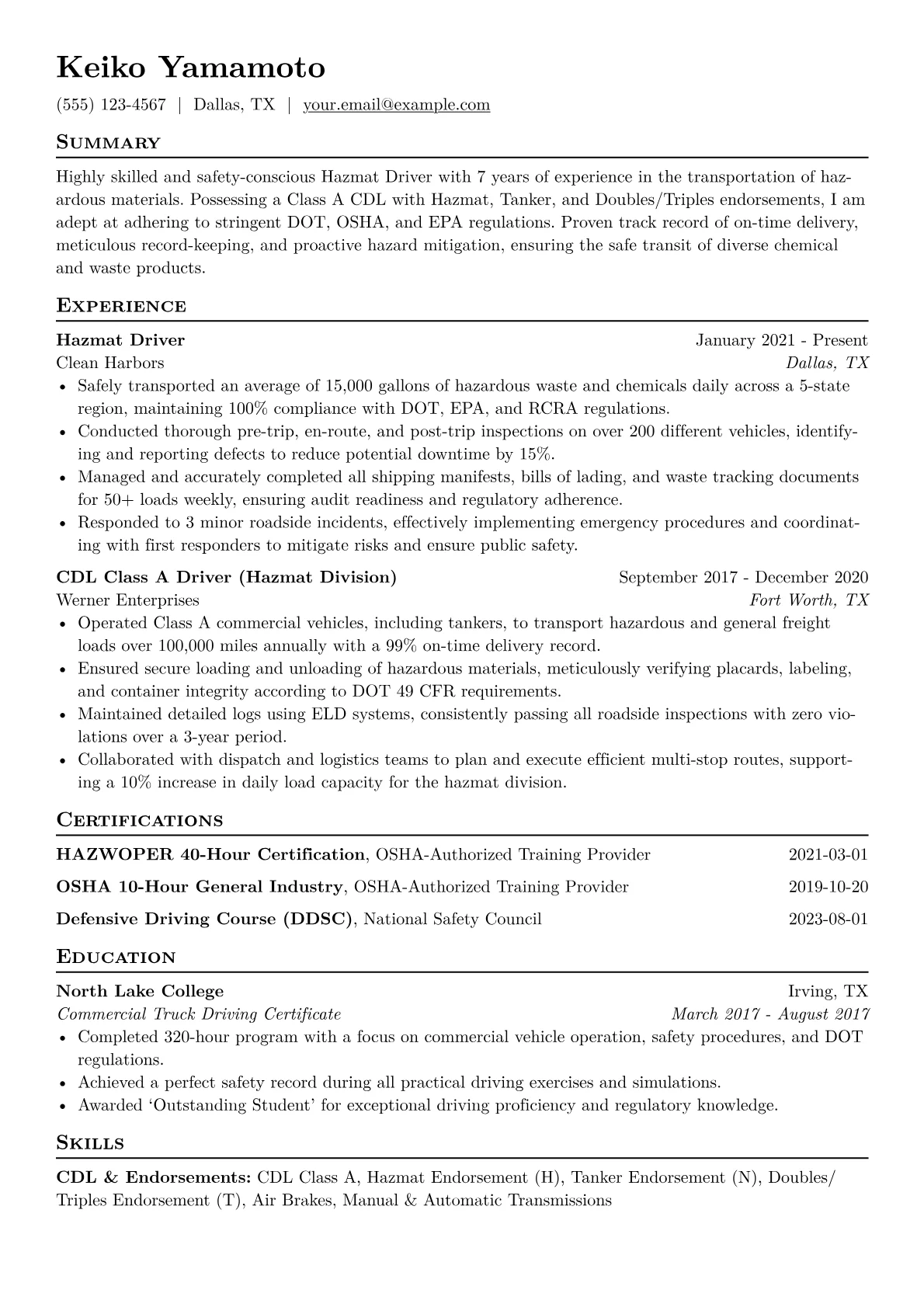 Hazmat Driver Resume Example CV template - Page 1