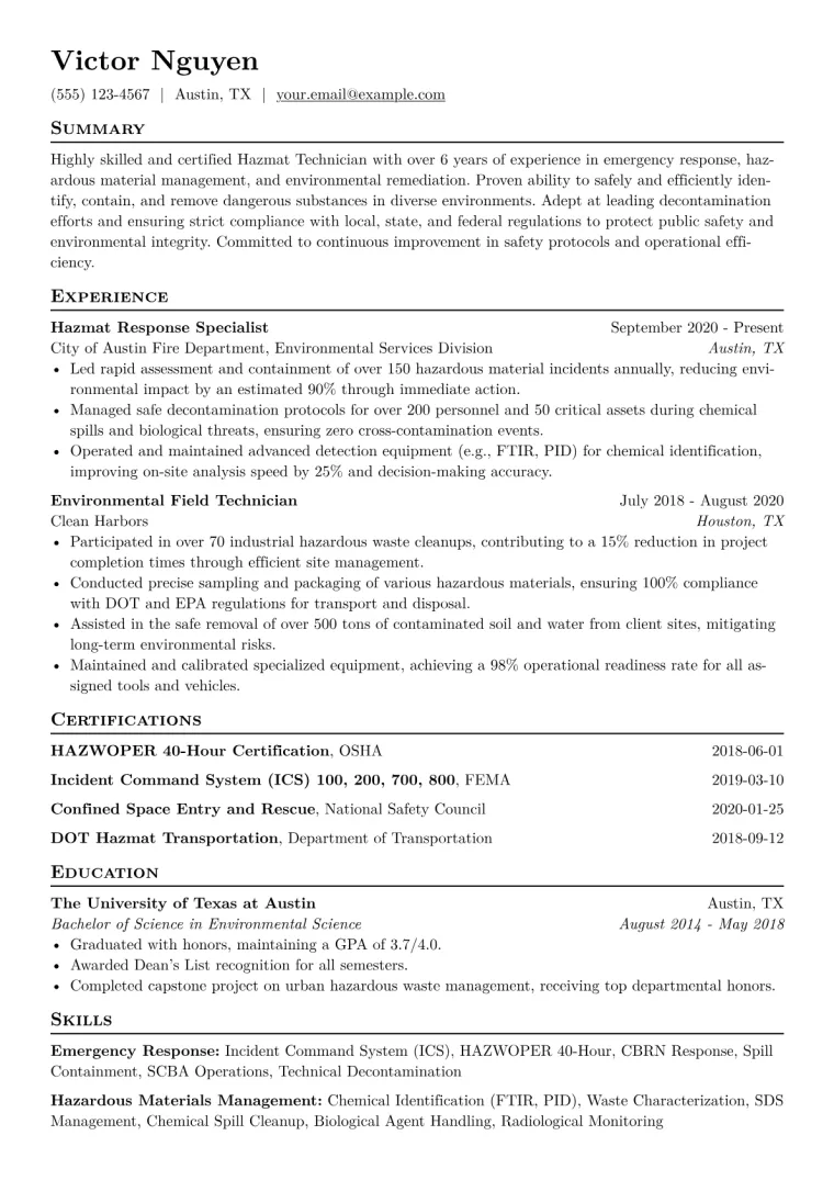 Hazmat Technician Resume Example CV template preview
