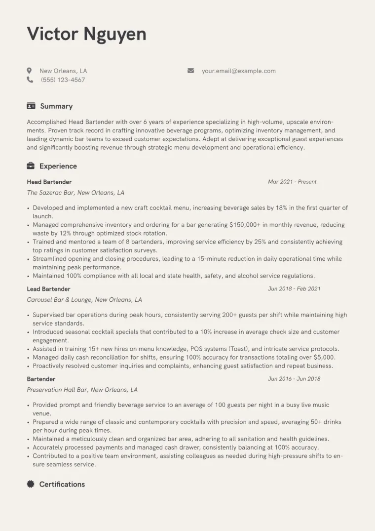 Head Bartender Resume Example CV template preview