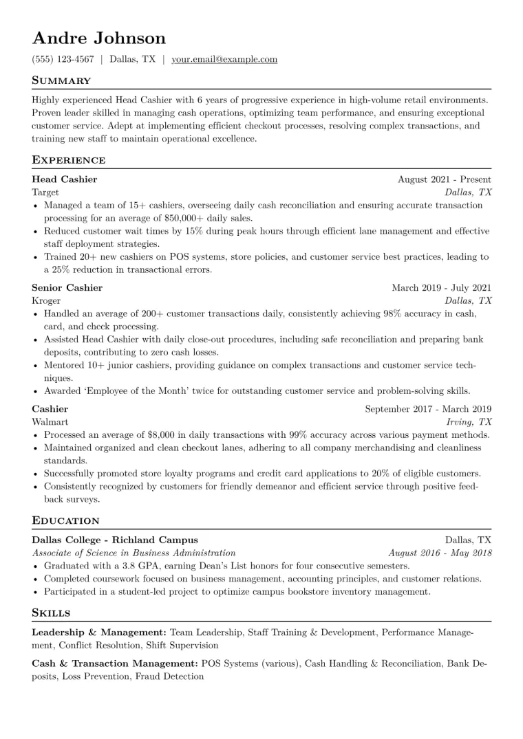 Head Cashier Resume Example CV template preview