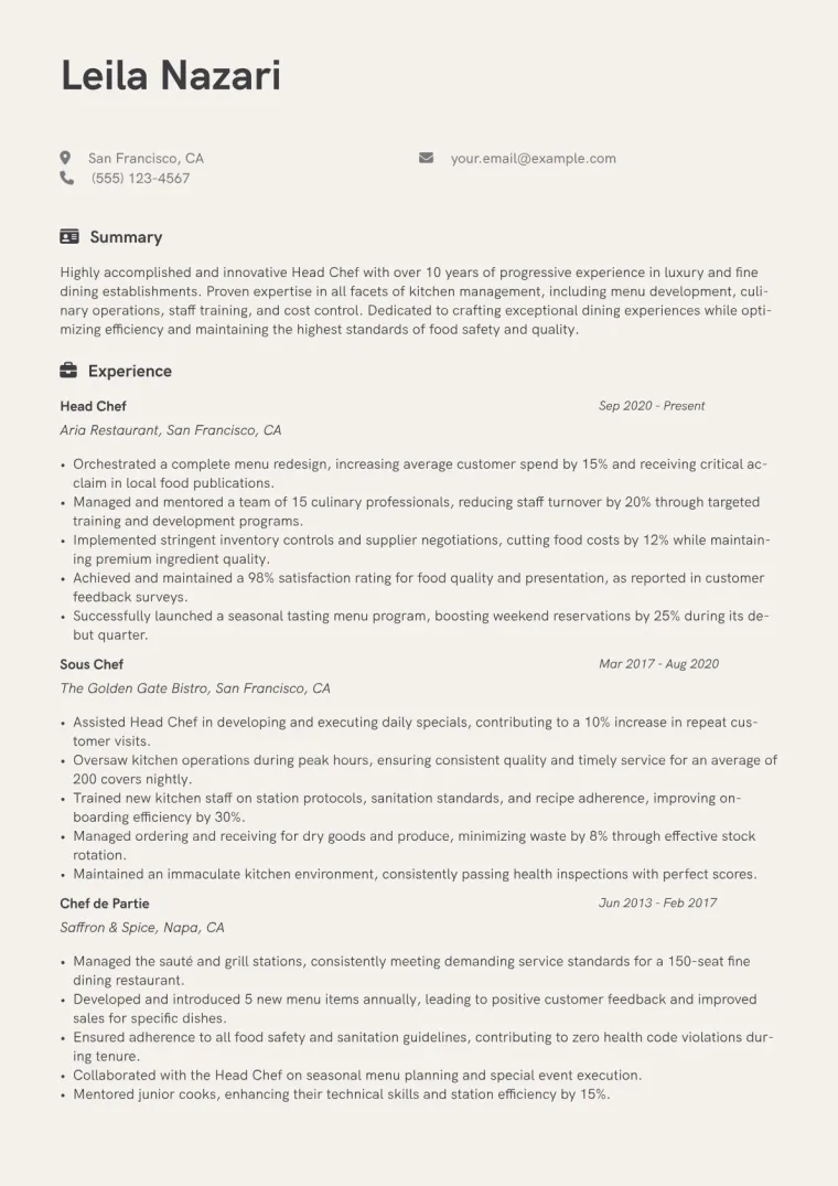 Head Chef Resume Example CV template preview