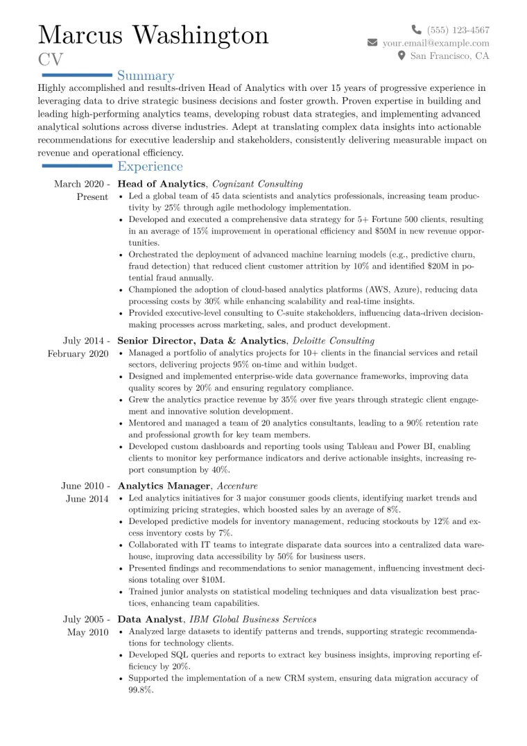 Head of Analytics Resume Example CV template preview