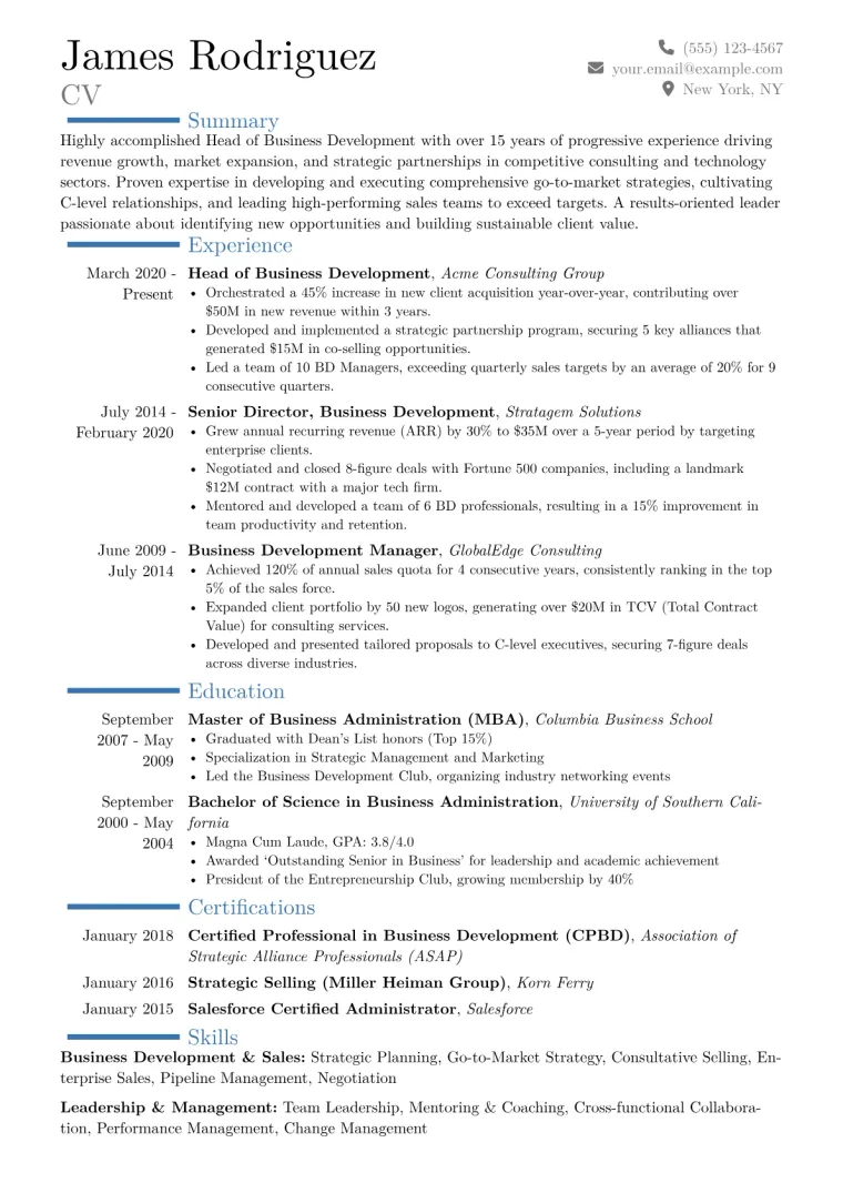 Head of Business Development Resume Example CV template preview