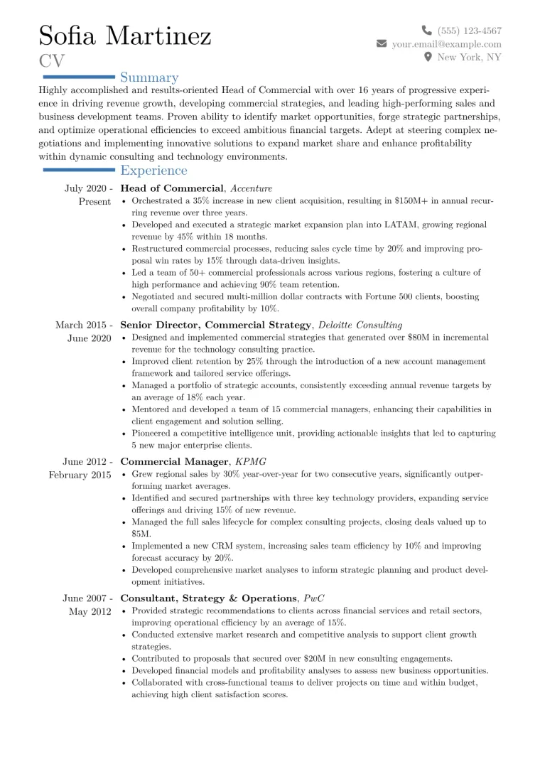 Head of Commercial Resume Example CV template preview