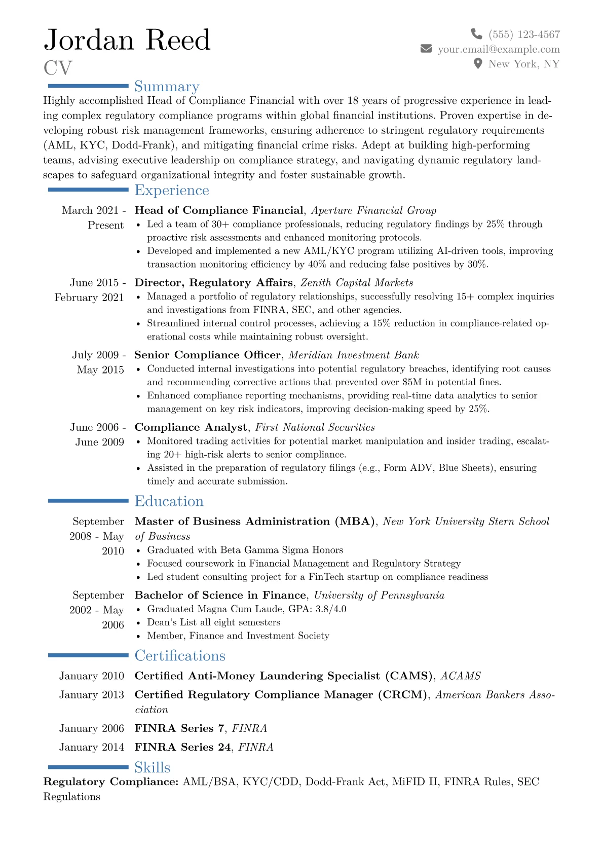 Head of Compliance Financial Resume Example CV template - Page 1