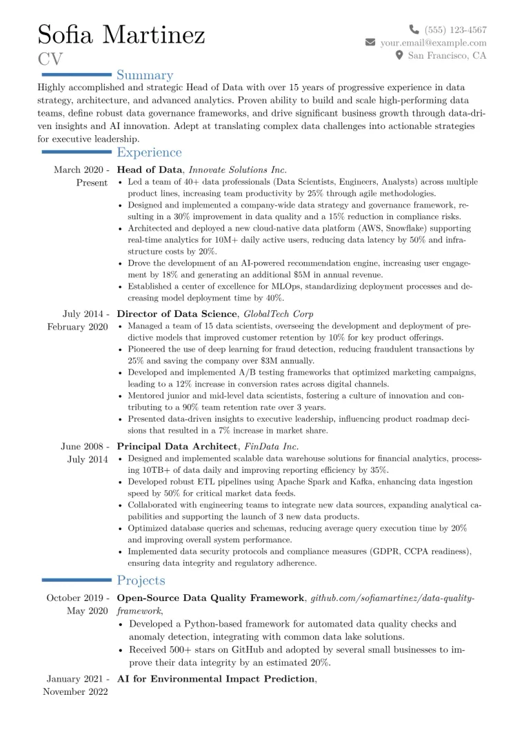 Head of Data Resume Example CV template preview