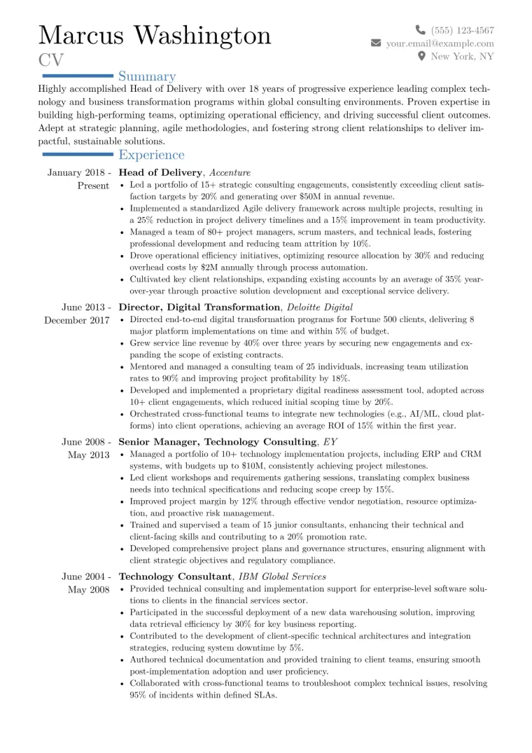 Head of Delivery Resume Example CV template preview
