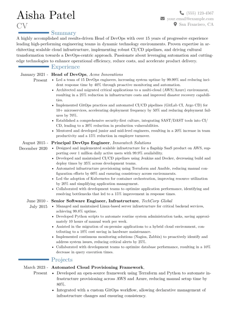 Head of DevOps Resume Example CV template preview