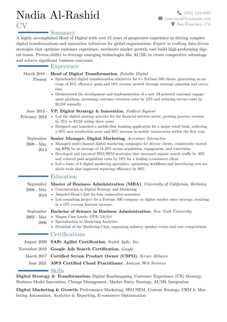 Head of Digital Resume Example CV template preview