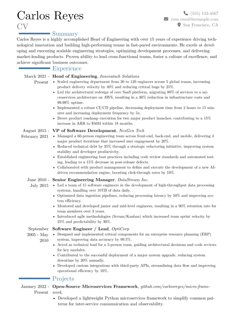 Head of Engineering Resume Example CV template preview