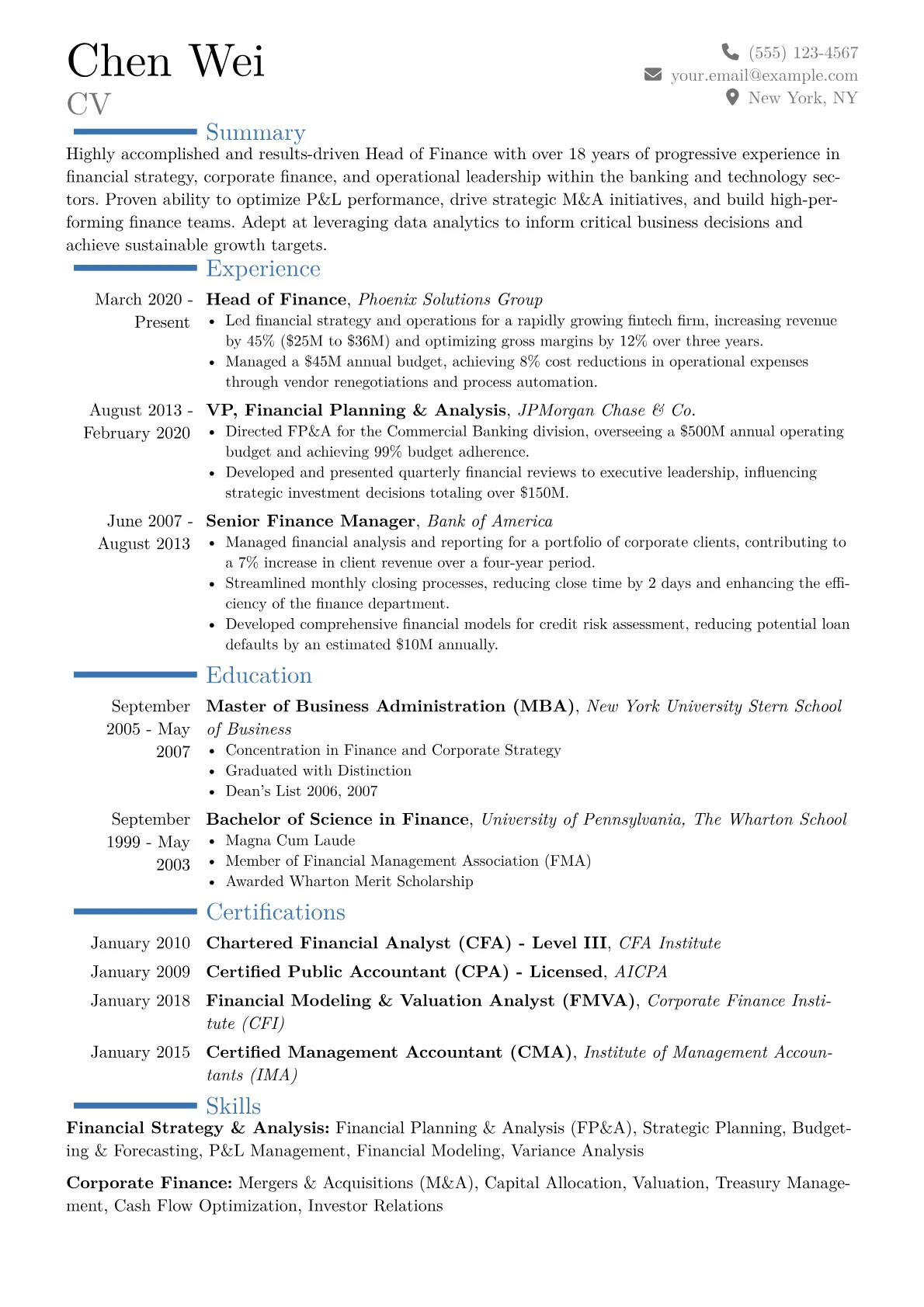 Head of Finance Resume Example CV template - Page 1