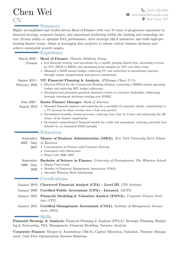 Head of Finance Resume Example CV template preview
