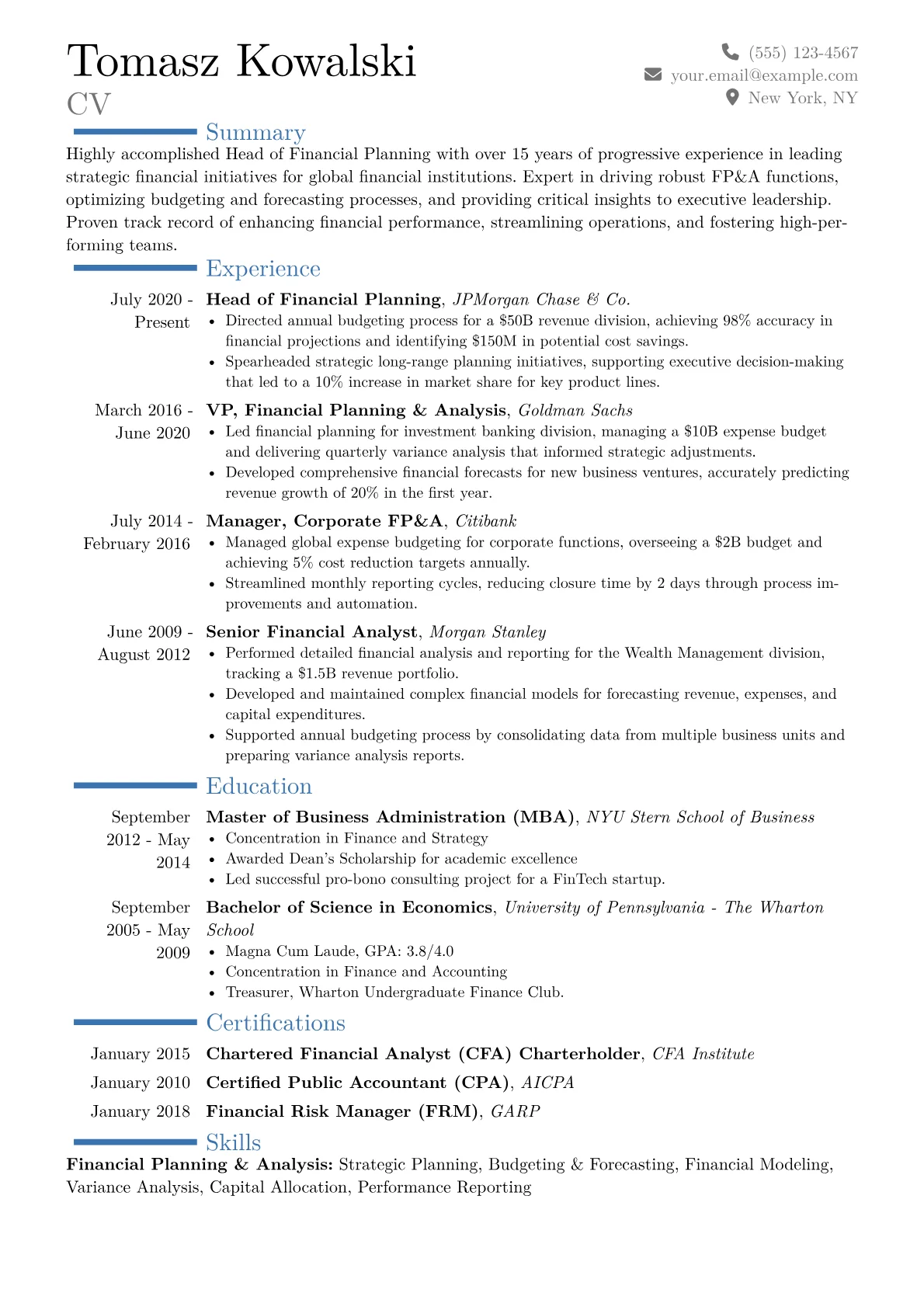 Head of Financial Planning Resume Example CV template - Page 1