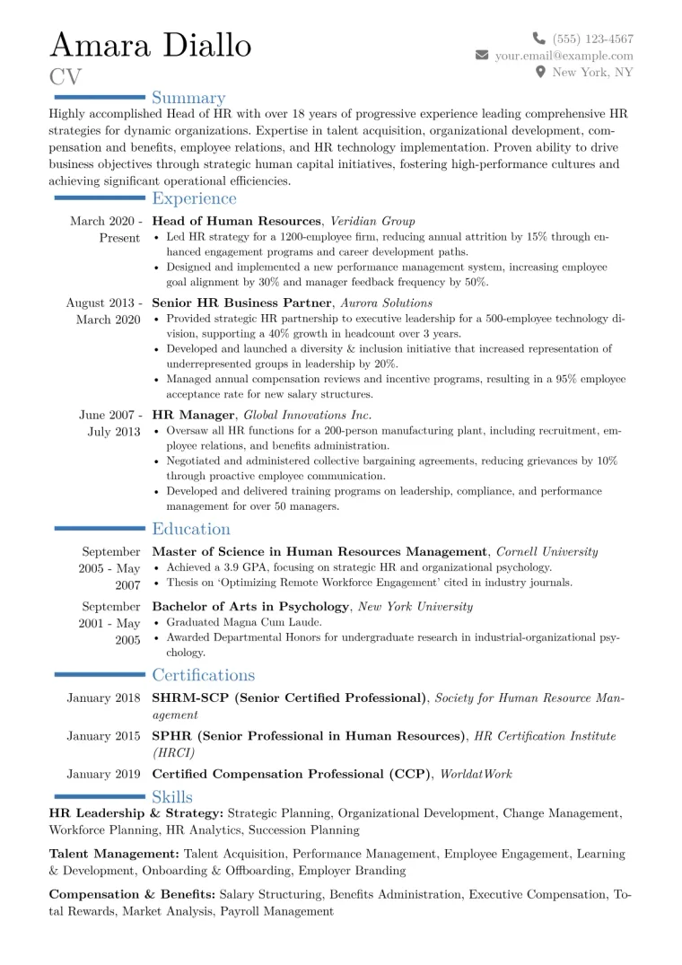 Head of HR Resume Example CV template preview