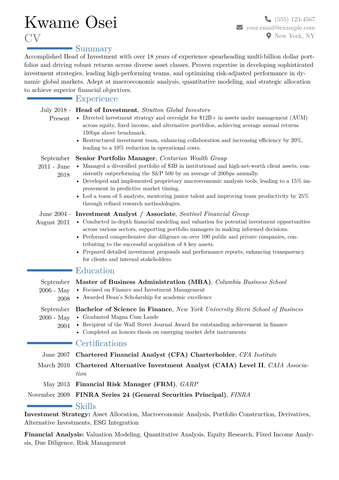 Head of Investment Resume Example CV template - Page 1