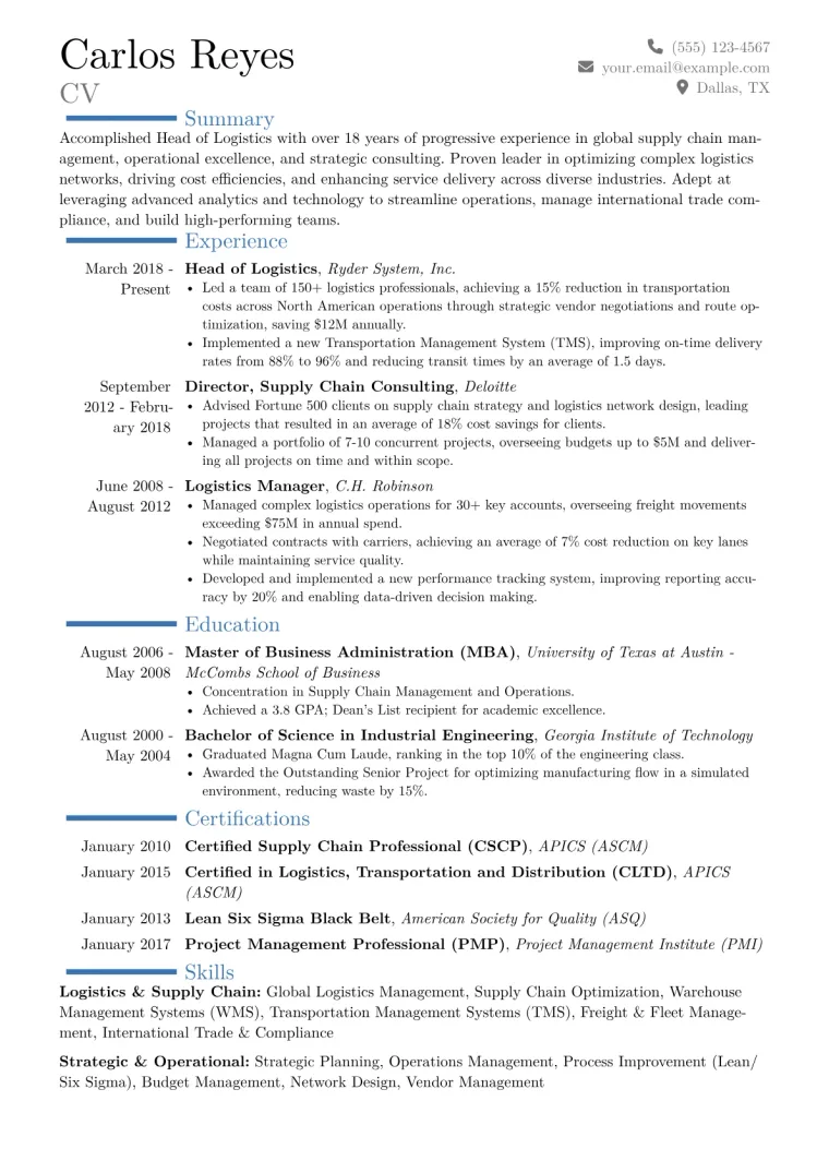 Head of Logistics Resume Example CV template preview