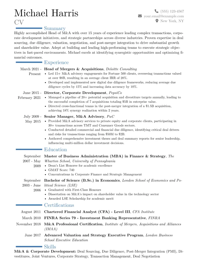 Head of M&A Resume Example CV template preview