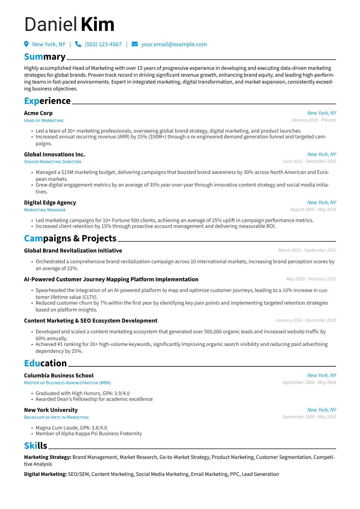 Head of Marketing Resume Example CV template - Page 1
