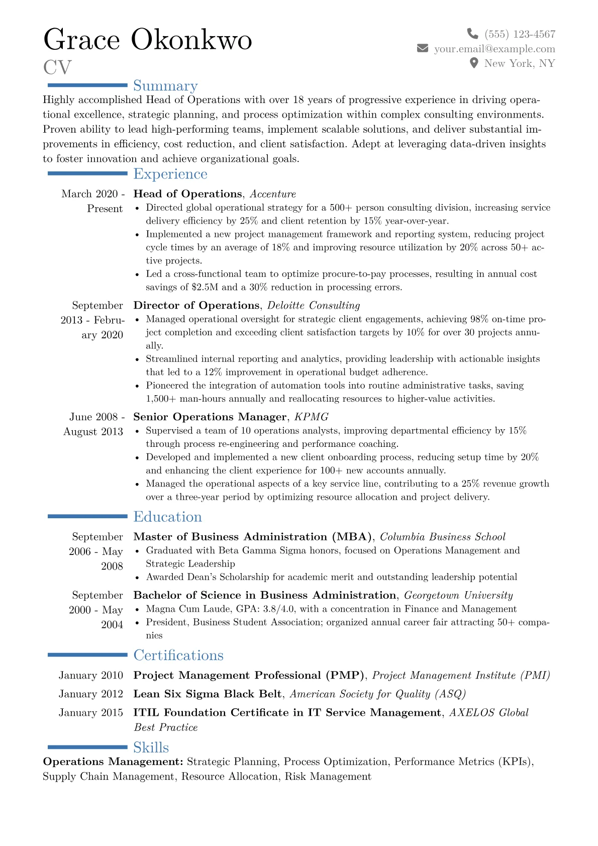Head of Operations Resume Example CV template - Page 1