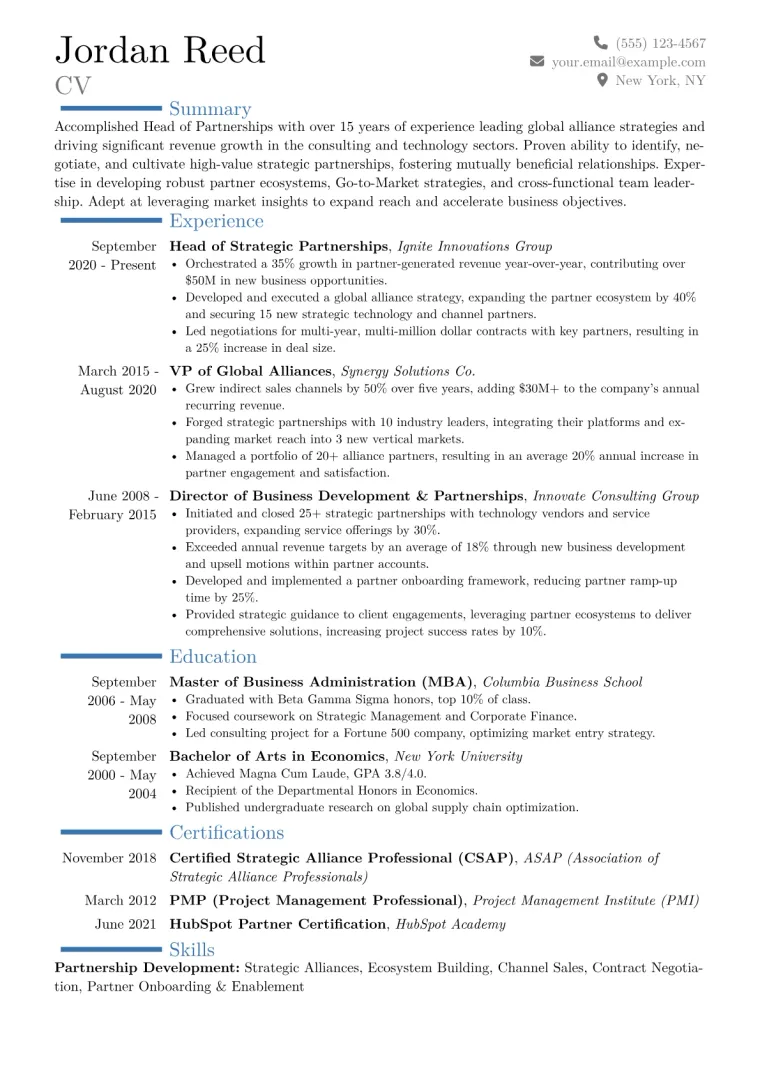 Head of Partnerships Resume Example CV template preview