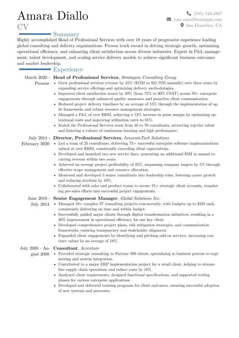 Head of Professional Services Resume Example CV template preview
