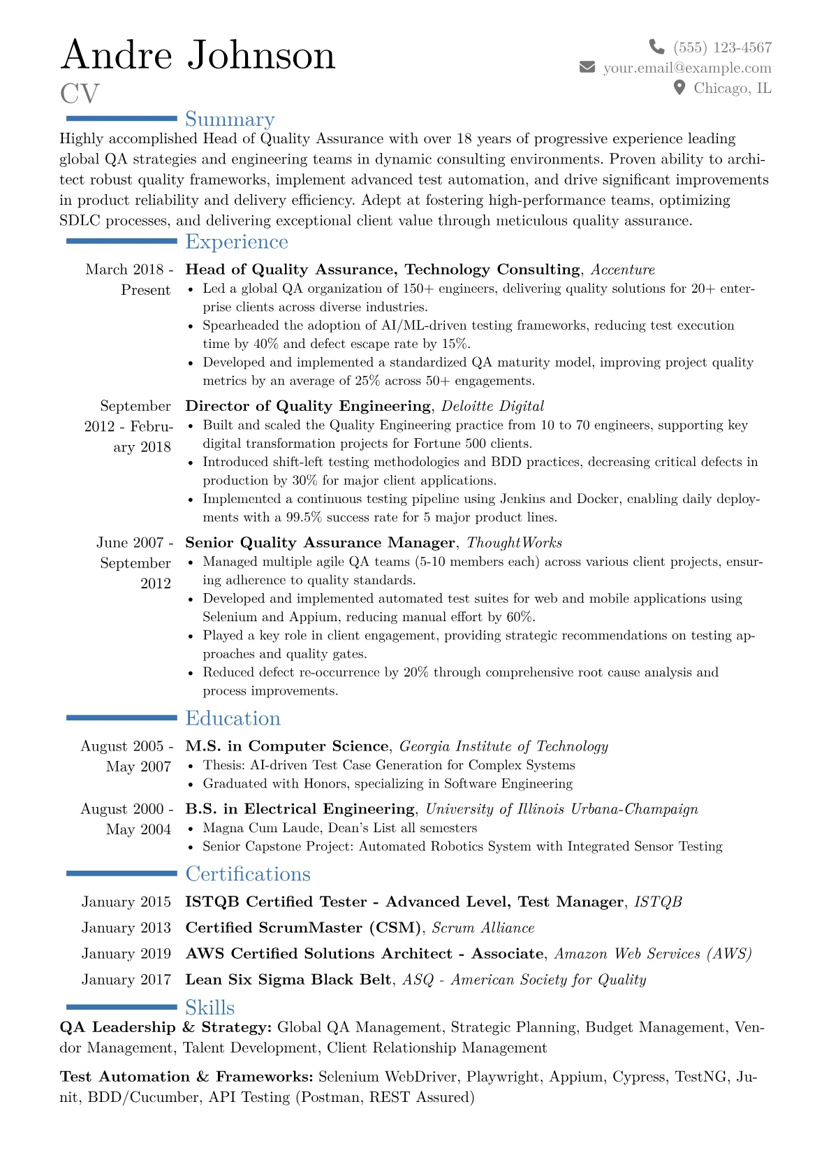 Head of Quality Assurance Resume Example CV template - Page 1