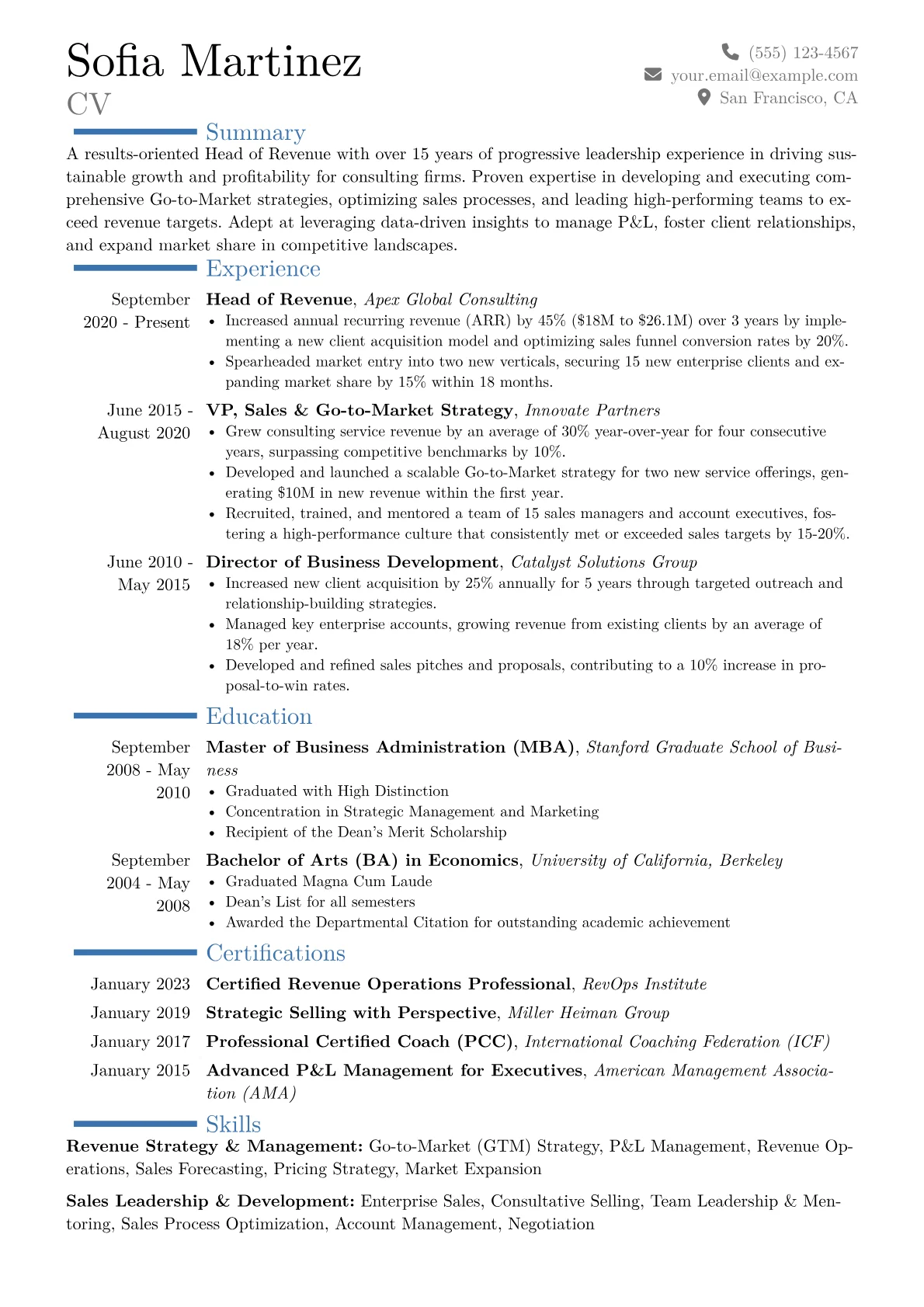 Head of Revenue Resume Example CV template - Page 1