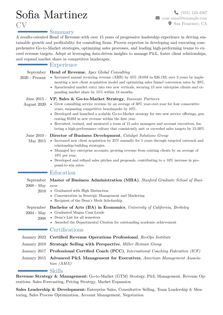 Head of Revenue Resume Example CV template preview
