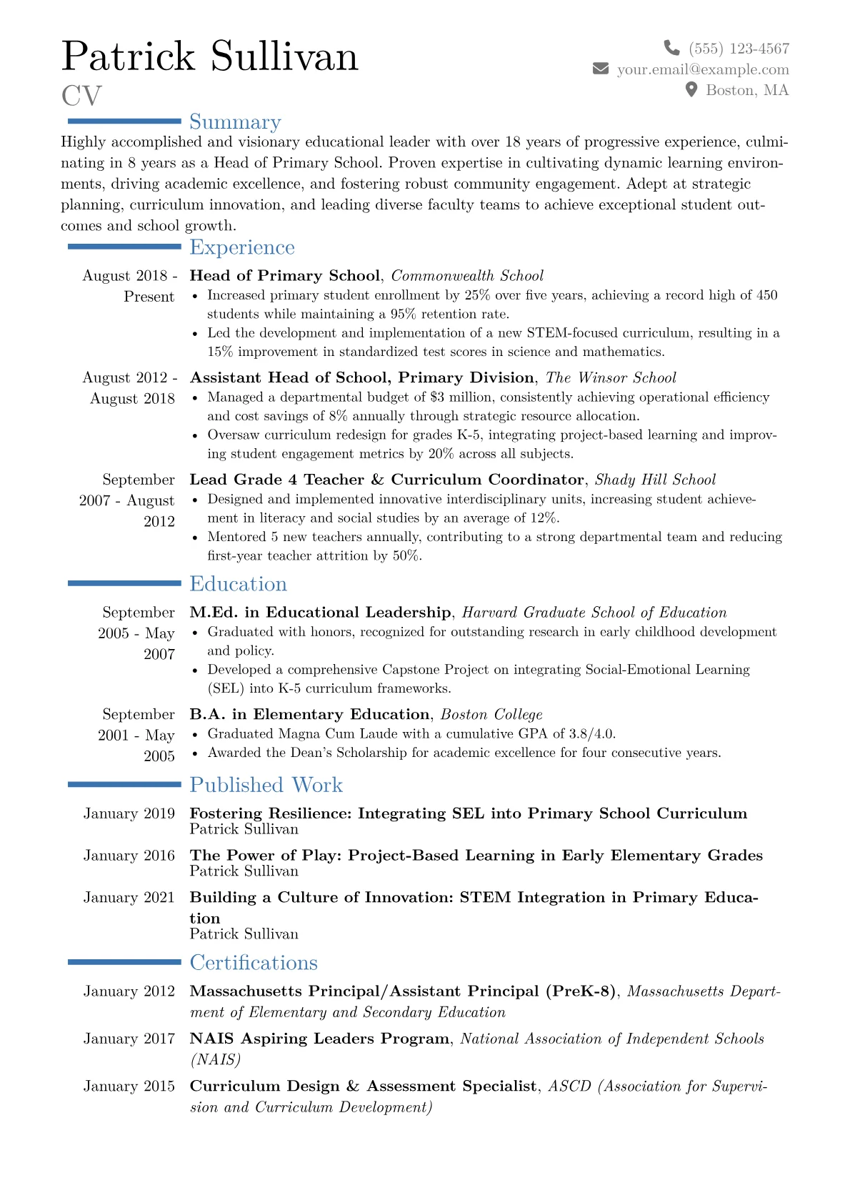 Head of School Primary Resume Example CV template - Page 1