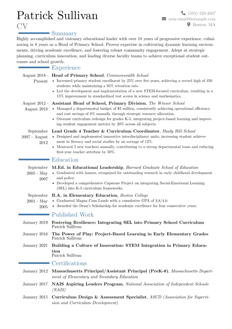 Head of School Primary Resume Example CV template preview