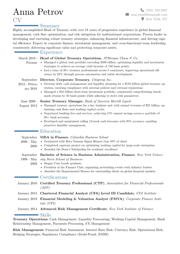 Head of Treasury Resume Example CV template preview