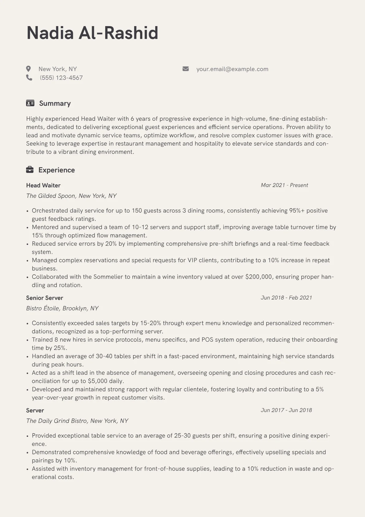 Head Waiter Resume Example CV template - Page 1