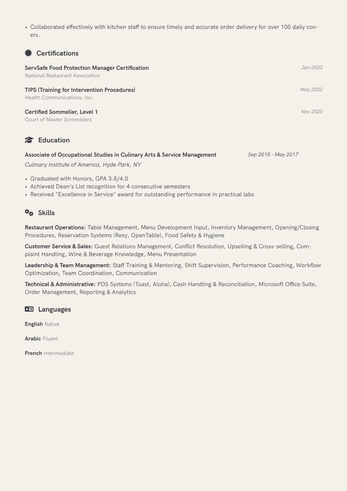 Head Waiter Resume Example CV template - Page 2
