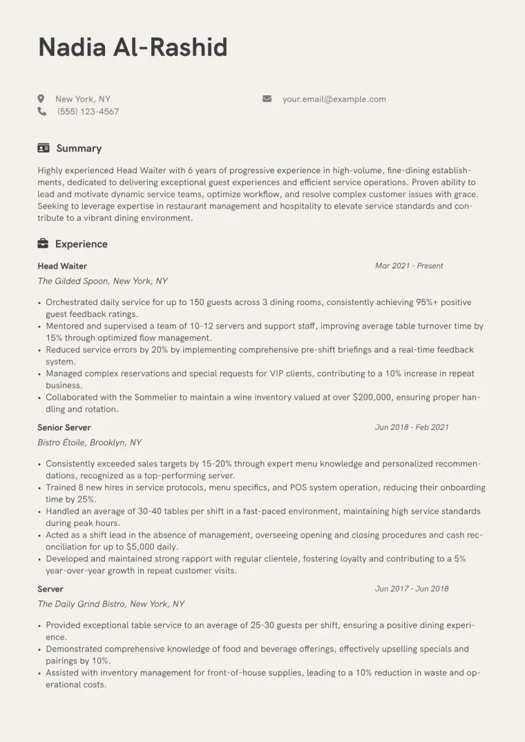 Head Waiter Resume Example CV template preview