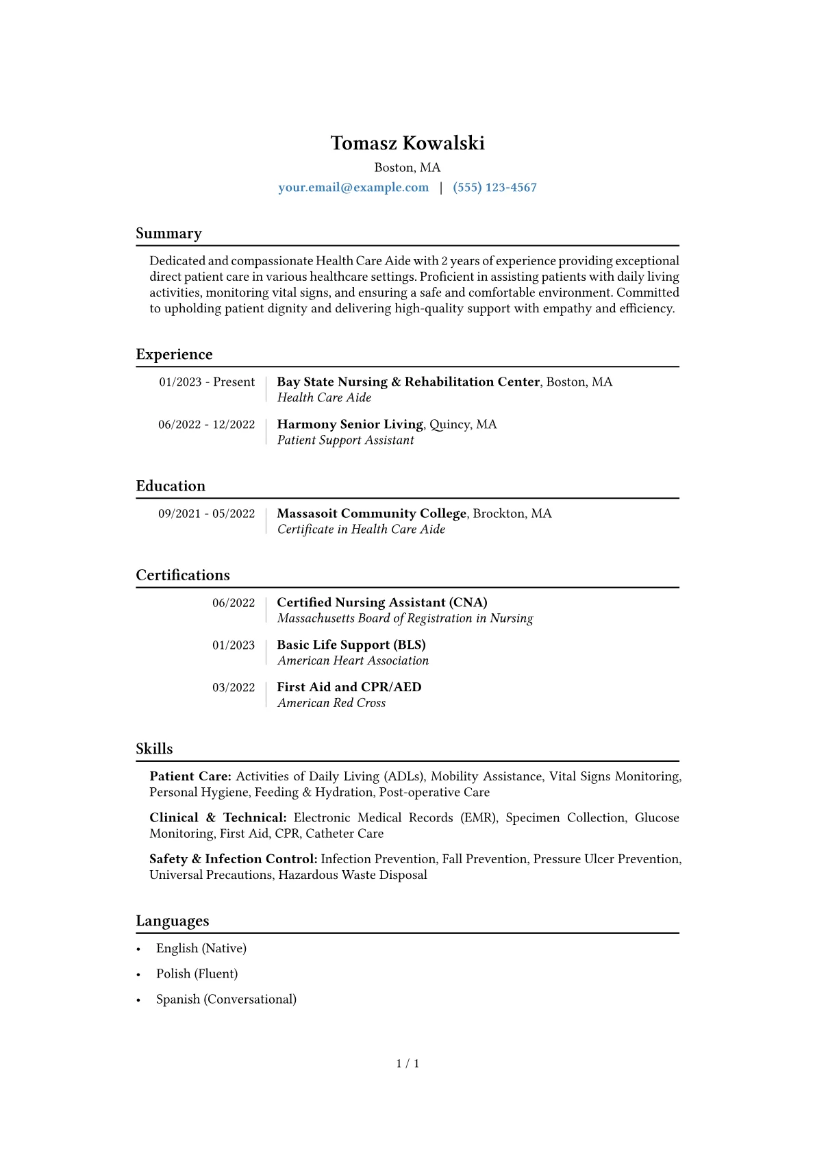 Health Care Aide Resume Example CV template - Page 1