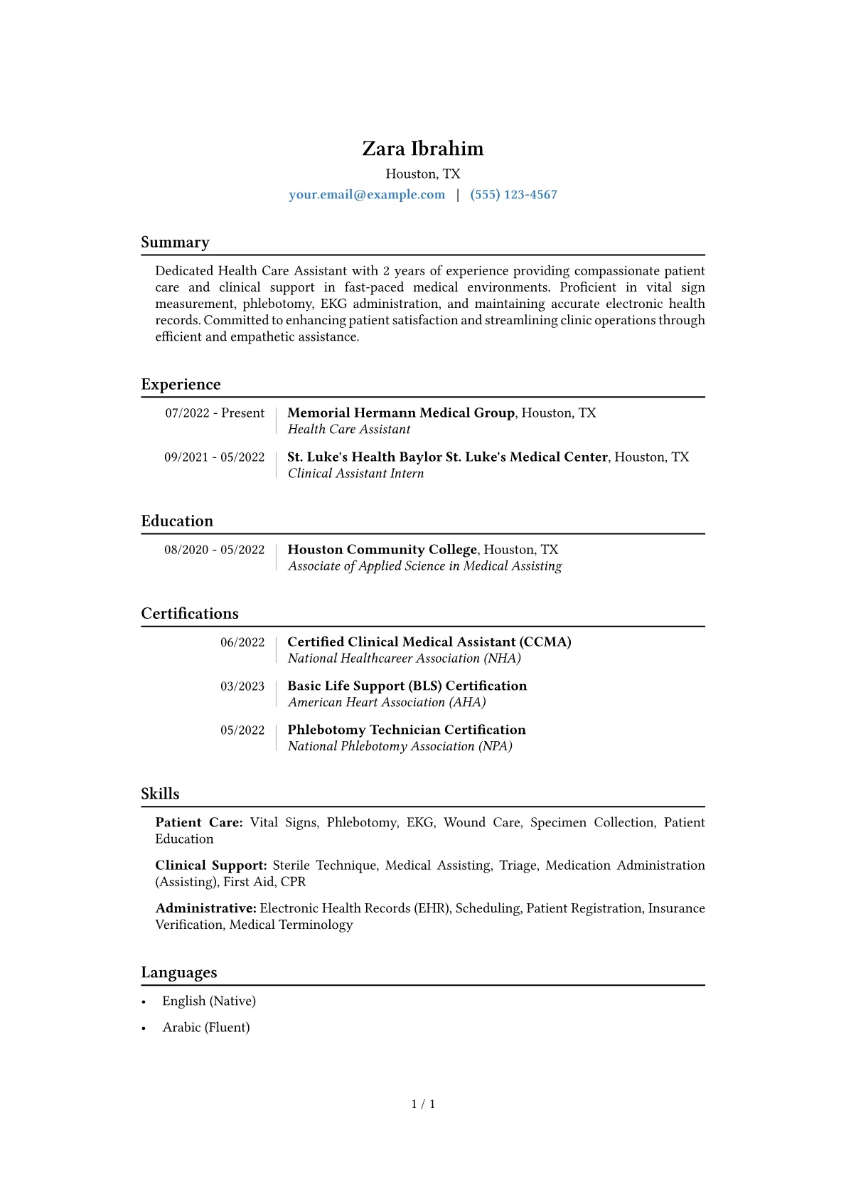 Health Care Assistant Resume Example CV template - Page 1