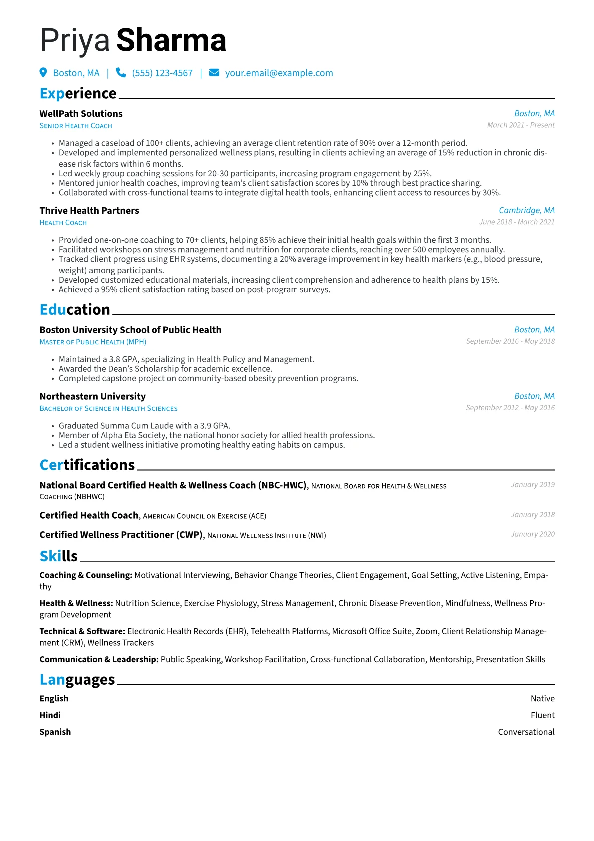 Health Coach Resume Example CV template - Page 1