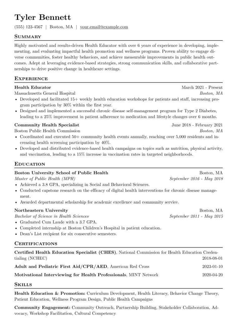Health Educator Resume Example CV template preview