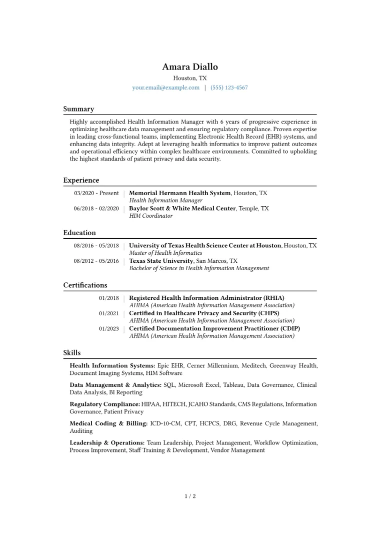 Health Information Manager Resume Example CV template preview