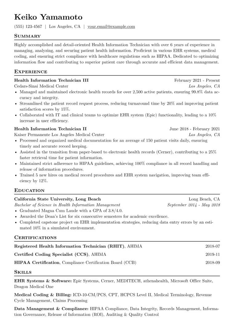 Health Information Technician Resume Example CV template preview