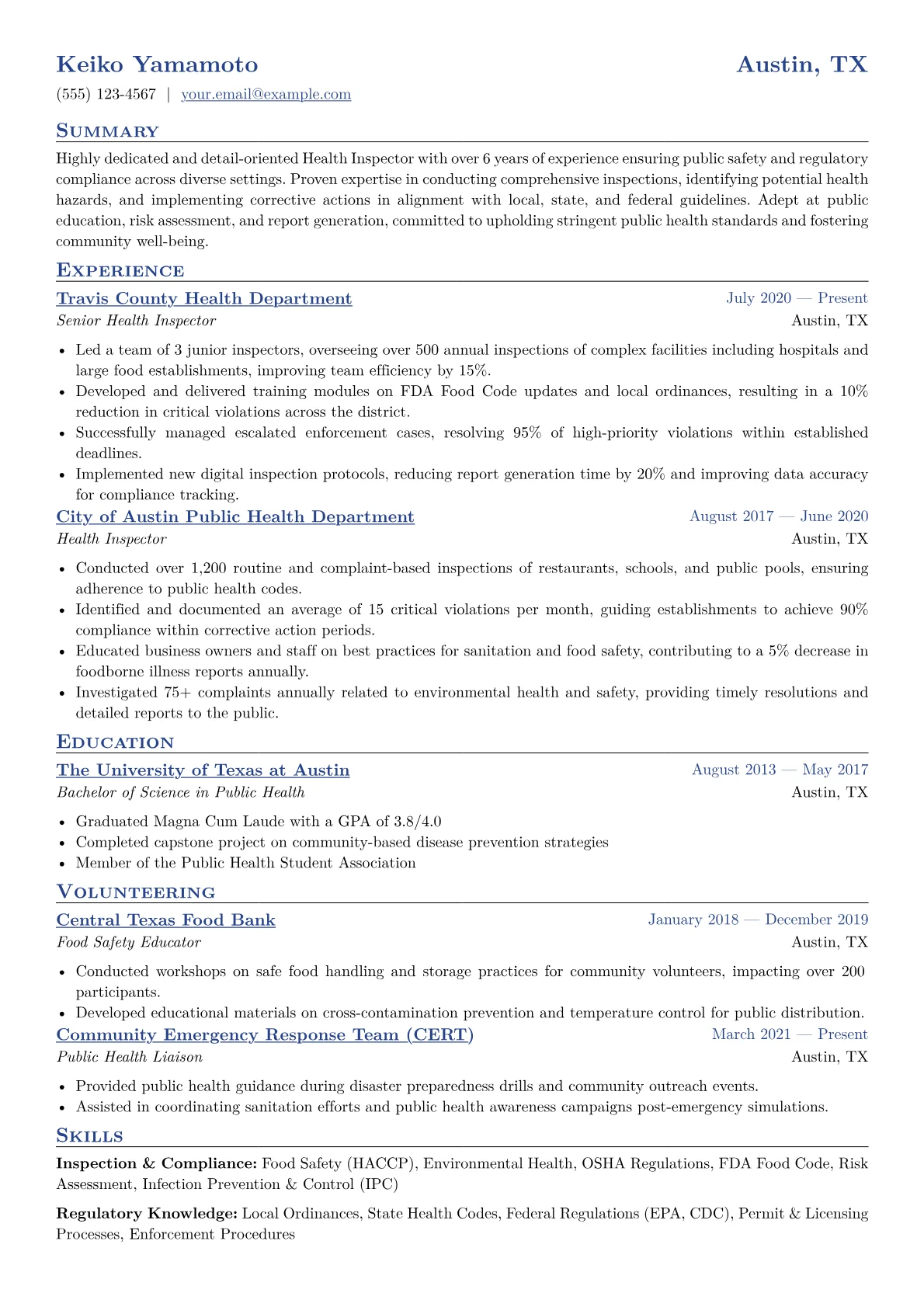 Health Inspector Resume Example CV template - Page 1