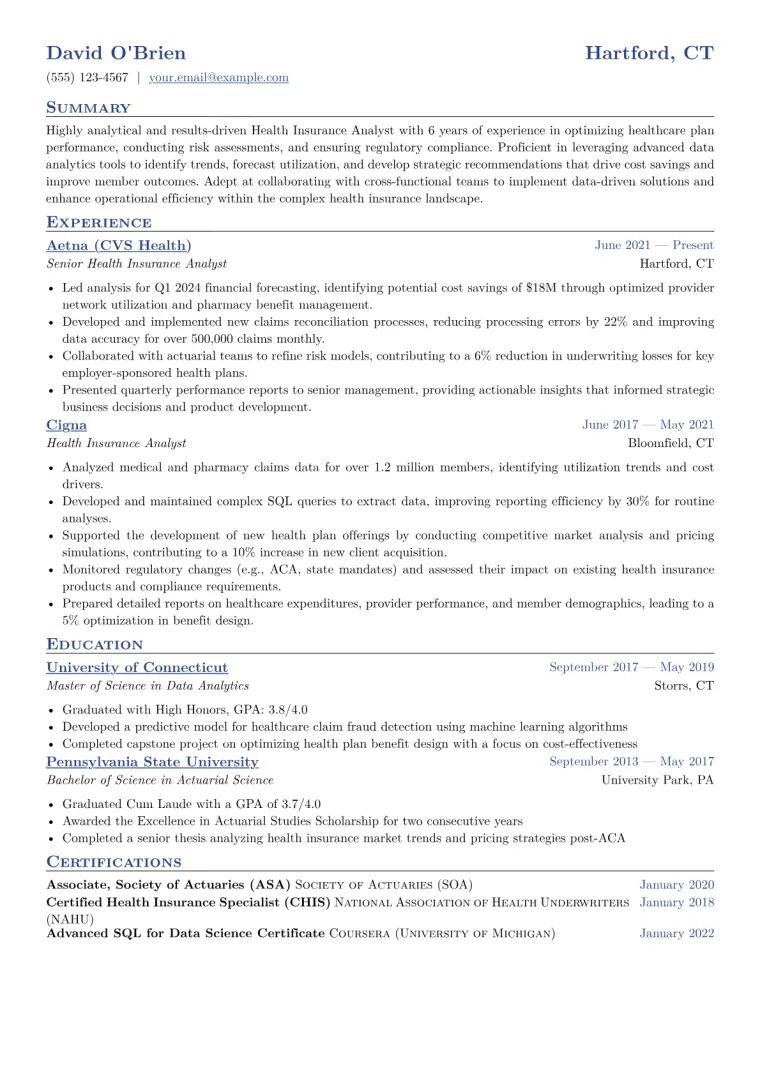 Health Insurance Analyst Resume Example CV template preview