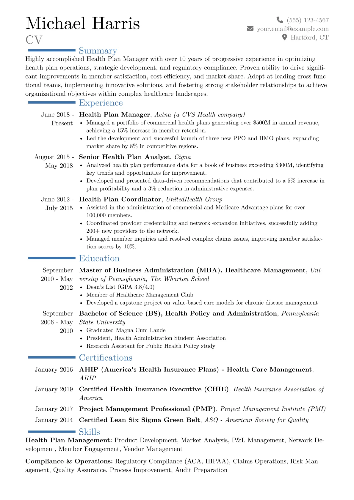 Health Plan Manager Resume Example CV template - Page 1