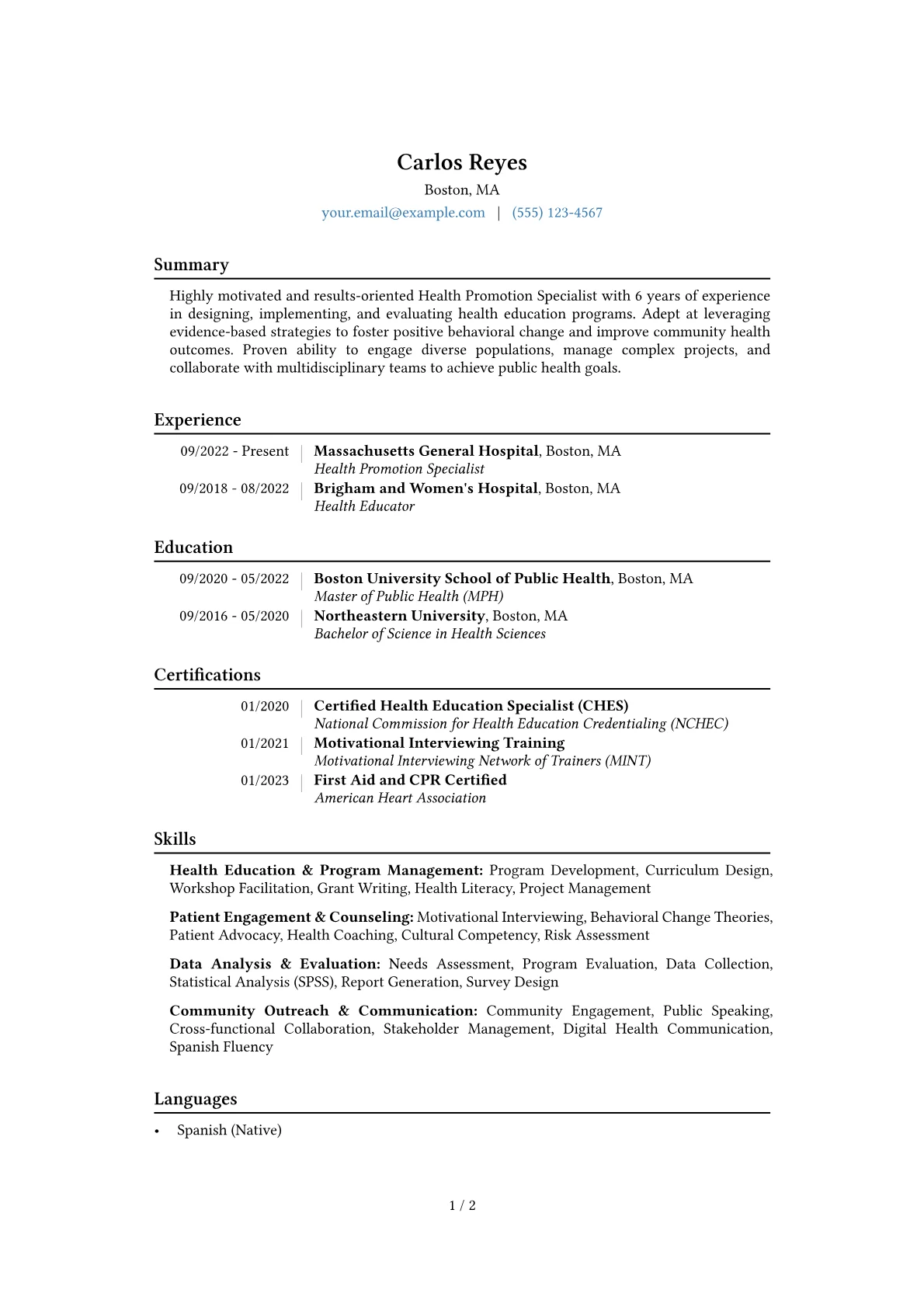 Health Promotion Specialist Resume Example CV template - Page 1